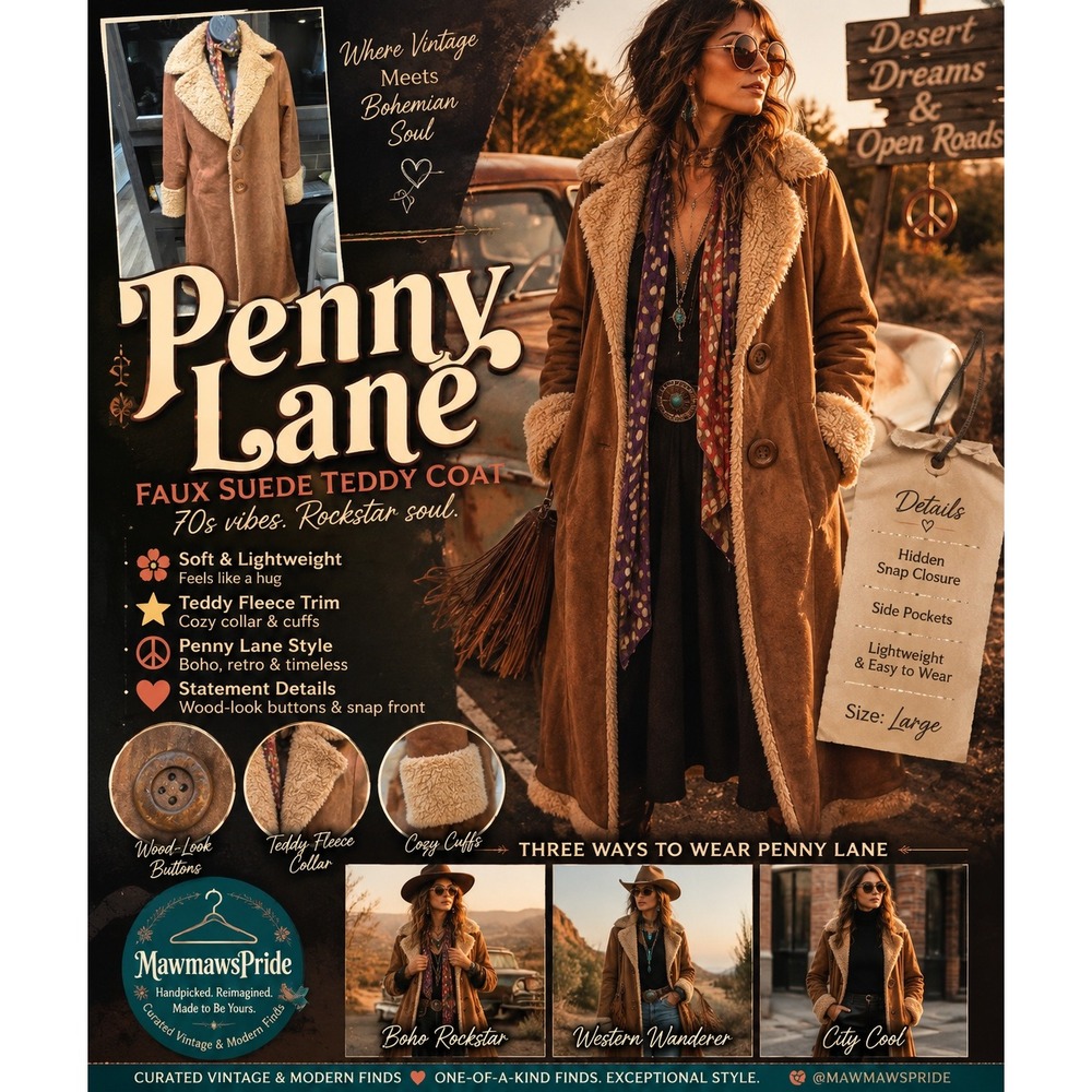 Penny Lane Energy Faux Suede Teddy Coat Brown 70s Boho Sherpa Long Jacket L